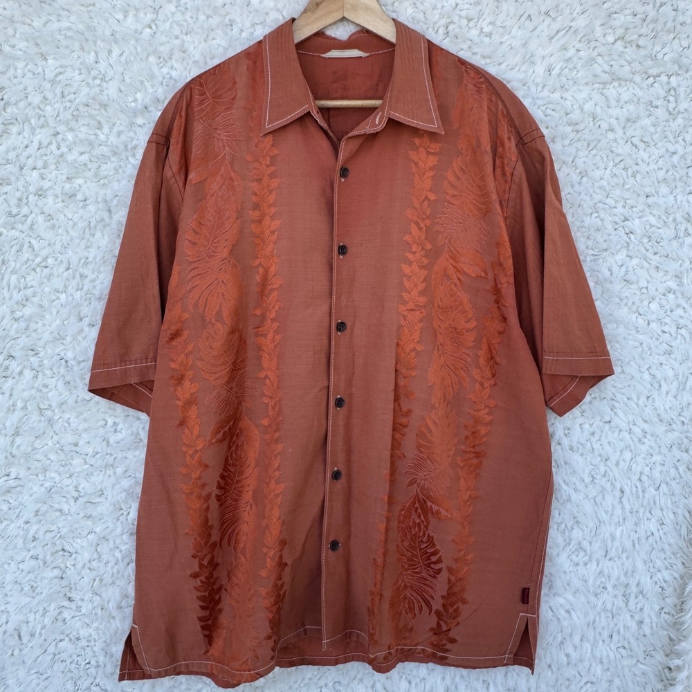 Tommy Bahama‎ Relax Silk Cotton Button Up Short Sleeve Hawaiian Orange Shirt XL